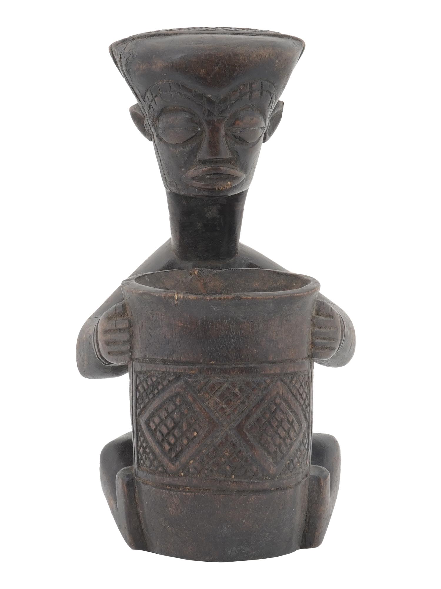 AFRICAN CONGO CARVED WOOD MALE FIGURINE WITH POT PIC-2